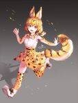  1girl absurdres animal_ears blush breasts brown_eyes elbow_gloves eyebrows_visible_through_hair full_body gloves highres kemono_friends looking_at_viewer medium_breasts mirage48291584 open_mouth orange_hair over-kneehighs serval_(kemono_friends) serval_ears serval_girl serval_tail short_hair skirt smile tail thigh-highs 