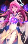  1girl angel_wings breasts commentary_request crop_top cross eyebrows_visible_through_hair feathered_wings gloves gradient_hair halo highres jibril_(no_game_no_life) large_breasts long_hair looking_at_viewer low_wings magic magic_circle midriff multicolored_hair navel no_game_no_life open_mouth pink_hair round_teeth solo symbol-shaped_pupils tattoo teeth thigh-highs very_long_hair white_wings wing_ears wings yellow_eyes yunweishukuang 