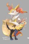  animal_ear_fluff braixen dated fire furry gen_6_pokemon grey_background highres holding holding_wand light_smile looking_at_viewer no_humans orange_eyes pokemon pokemon_(creature) pokemon_(game) pokemon_xy simple_background sparkle standing twig twitter_username volpecorvo wand 