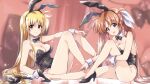  2girls animal_ears bare_legs black_footwear black_leotard black_neckwear blonde_hair blue_eyes bow bowtie breasts brown_hair bunny_tail commentary_request commission detached_collar fate_testarossa head_tilt high_heels highres kuroi_mimei legs leotard long_hair looking_at_viewer lyrical_nanoha mahou_shoujo_lyrical_nanoha mahou_shoujo_lyrical_nanoha_a&#039;s medium_breasts multiple_girls playboy_bunny rabbit_ears red_eyes sitting skeb_commission strapless strapless_leotard tail takamachi_nanoha tongue tongue_out twintails wrist_cuffs zoom_layer 