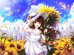  1girl absurdres blue_sky blush bubble collarbone day dress eyebrows_visible_through_hair flower highres huge_filesize long_hair looking_at_viewer mirage48291584 open_mouth original outdoors sky smile solo summer sunflower upper_teeth very_long_hair white_dress 