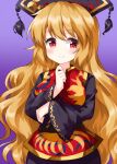  1girl bangs black_dress black_headwear blonde_hair chinese_clothes closed_mouth dress eyebrows_visible_through_hair headdress highres junko_(touhou) long_hair long_sleeves looking_at_viewer purple_background red_eyes ruu_(tksymkw) simple_background smile solo tabard touhou wide_sleeves 