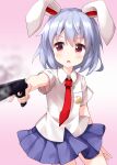  1girl animal_ears bangs blue_hair blue_sky collared_shirt crescent crescent_moon_pin eyebrows_visible_through_hair gun highres holding holding_gun holding_weapon looking_to_the_side medium_hair necktie open_mouth pink_background pleated_skirt rabbit_ears red_eyes red_neckwear reisen ruu_(tksymkw) shirt short_sleeves simple_background skirt sky smoke smoking_gun solo standing touhou v-shaped_eyebrows weapon white_shirt 