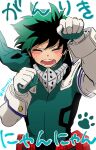  1boy bodysuit boku_no_hero_academia clenched_hands closed_eyes cyomo facing_viewer freckles gloves green_bodysuit green_hair grey_hair highres male_focus messy_hair midoriya_izuku nyan open_mouth paw_pose simple_background solo sweat white_background white_gloves 