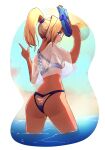  1girl ass bikini blonde_hair blue_eyes blush dark_skin day from_behind highres looking_at_viewer nanostar open_mouth original outdoors ponytail short_hair smile swimsuit upper_teeth water_gun 