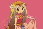 1girl artist_name bangs belt blonde_hair blue_eyes blush commentary_request dress floating_hair gloves hair_ornament holding holding_clothes jewelry long_dress long_hair necklace open_mouth pink_background pink_dress princess_zelda simple_background skirt_hold smile solo the_legend_of_zelda the_legend_of_zelda:_the_wind_waker tiara tokuura watermark 