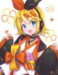  1girl bangs black_bow black_sleeves blonde_hair blue_eyes bow cherry_blossom_print commentary detached_sleeves floral_print hair_bow hair_ornament hairclip headphones headset highres japanese_clothes kagamine_rin kimono looking_at_viewer magical_mirai_(vocaloid) open_mouth orange_bow short_hair sleeves_past_wrists smile solo supo01 swept_bangs two-tone_bow upper_body vocaloid white_kimono 