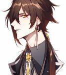  1boy bangs black_hair brown_hair formal genshin_impact hair_between_eyes jacket jewelry long_hair looking_at_viewer male_focus multicolored_hair open_mouth piscesver24 ponytail simple_background single_earring solo suit white_background yellow_eyes zhongli_(genshin_impact) 