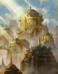  1girl architecture arms_up blue_sky bridge cityscape clouds day dome fantasy fog from_below gold highres light_rays long_skirt magic:_the_gathering outdoors overgrown scenery skirt sky spire sunbeam sunlight temple tree water waterfall yeong-hao_han 