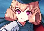  1girl azur_lane bangs blonde_hair blue_headwear bright_pupils cape carabiniere_(azur_lane) epaulettes from_above hat military military_uniform nanostar nervous nervous_smile open_mouth sailor_moon_redraw_challenge short_hair sidelocks solo uniform upper_body violet_eyes white_pupils 