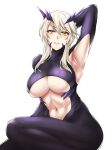  1girl arm_behind_head arm_up armpits artoria_pendragon_(all) artoria_pendragon_(lancer_alter) bangs black_bodysuit blonde_hair blush bodysuit braid breasts center_opening fate/grand_order fate_(series) french_braid hair_between_eyes highres horns large_breasts long_hair looking_at_viewer navel purupurupero revealing_clothes ribbed_bodysuit sidelocks simple_background smile thighs under_boob white_background yellow_eyes 