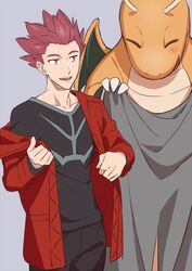  1boy black_pants black_shirt collarbone commentary_request dragonite elite_four gen_1_pokemon grey_background grey_eyes holding jacket lance_(pokemon) long_sleeves male_focus nagiko_(mangalove1111) open_mouth pants pokemon pokemon_(creature) pokemon_(game) pokemon_lgpe red_jacket redhead shirt sketch smile spiky_hair teeth tongue 