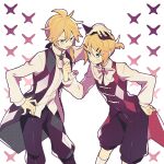  1boy 1girl argyle_print bangs black_vest blonde_hair blue_eyes clenched_hand cowboy_shot hair_ornament hairclip hand_on_another&#039;s_head hand_on_hip holding_neckwear kagamine_len kagamine_rin leaning_forward long_sleeves looking_at_another neckerchief okochama_sensou_(vocaloid) pouty_lips puffy_shorts shirt short_hair short_ponytail shorts spiky_hair standing suzumi_(fallxalice) swept_bangs tongue tongue_out v-shaped_eyebrows vest vocaloid white_shirt 