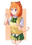  1girl animal_ear_fluff animal_ears auui bangs blue_eyes blush bow breasts brown_background cat_ears cat_girl cat_tail collared_shirt commentary_request cropped_legs dress_shirt eyebrows_visible_through_hair go-toubun_no_hanayome green_bow green_skirt grin hands_up highres kemonomimi_mode looking_at_viewer nakano_yotsuba orange_hair paw_pose pleated_skirt shirt skirt small_breasts smile solo sweater_vest tail two-tone_background white_background white_shirt 
