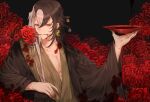  1boy alternate_costume ashiya_douman_(fate) asymmetrical_hair bishounen black_eyes black_hair blood bloody_clothes chrysanthemum cup earrings fate/grand_order fate_(series) fingernails flower hair_between_eyes holding japanese_clothes jewelry kimono long_hair looking_at_viewer magatama magatama_earrings male_focus mouth_hold multicolored_hair open_clothes open_kimono pectorals purionpurion red_flower sakazuki sharp_fingernails toned toned_male two-tone_hair upper_body very_long_hair white_hair 
