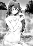  1girl ameno_(a_meno0) bare_arms bare_shoulders blush collarbone fire_emblem fire_emblem_awakening highres long_hair looking_at_viewer lucina_(fire_emblem) monochrome motion_lines naked_towel onsen smile solo steam symbol-shaped_pupils towel wet 