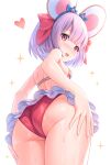  1girl animal_ears ass back bangs bare_shoulders bikini blush breasts fake_animal_ears granblue_fantasy highres looking_at_viewer looking_back mouse_ears open_mouth pink_bikini red_eyes short_hair simple_background small_breasts smile sparkle swimsuit thighs tomo_(tmtm_mf_mf) vikala_(granblue_fantasy) white_background white_hair 