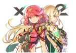  2girls anniversary back-to-back blonde_hair breasts chest_jewel crossed_arms earrings elbow_gloves gloves jewelry large_breasts long_hair multiple_girls mythra_(xenoblade) pyra_(xenoblade) red_eyes redhead saitou_masatsugu short_hair signature smile xenoblade_chronicles_(series) xenoblade_chronicles_2 yellow_eyes 