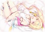  1girl :d bare_legs barefoot black_panties blonde_hair breasts choker heterochromia hoshikawa_sara jacket long_sleeves luna_lia lying navel nijisanji on_back open_mouth panties pantyhose red_eyes shirt shorts shorts_pull sideboob smile thigh_strap tied_shirt underwear yellow_eyes 