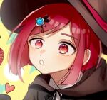  1girl bangs black_cape brown_headwear cape commentary_request dangan_ronpa face hair_ornament hairclip hat heart mdr_(mdrmdr1003) new_dangan_ronpa_v3 red_eyes redhead shirt short_hair solo white_shirt witch_hat yellow_background yumeno_himiko 