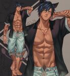  1boy abs animal_ears arm_behind_head arm_tattoo artist_name bare_pecs barefoot black_shirt blue_eyes blue_hair chain chain_necklace character_request closed_mouth collarbone commentary commission dark_skin dark_skinned_male drawstring earrings english_commentary eyebrows_visible_through_hair facial_mark feet final_fantasy final_fantasy_xiv full_body gem grey_background groin hair_between_eyes highres jewelry jouvru looking_at_viewer male_focus muscle navel necklace open_clothes open_shirt pectorals pubic_hair shirt short_sleeves smile solo standing stomach symbol_commentary tail tattoo thick_eyebrows toned zoom_layer 