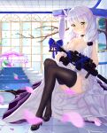  1girl absurdres assault_rifle dress evening_gown girls_frontline green_eyes gun h&amp;k_hk416 high_heels highres hk416_(girls_frontline) low_twintails official_alternate_costume rifle shijiuqaq teardrop_tattoo thigh-highs twintails weapon white_hair 
