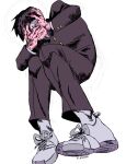  1boy artist_name black_hair black_jacket black_pants bowl_cut buttons covering_face covering_one_eye gakuran hands_on_own_face jacket kageyama_shigeo long_sleeves male_focus mob_psycho_100 monochrome one_eye_covered panicking pants pink_skin pleated_pants red_eyes school_uniform shaded_face shirt shoelaces shoes signature simple_background sneakers solo sweat uniform vero_(flanzee) white_footwear white_legwear white_shirt wide-eyed 