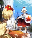  animal_on_head bird bird_on_head blonde_hair chick commentary_request hat highres holding holding_shield holding_sword holding_weapon inubashiri_momiji kaigen_1025 long_sleeves looking_at_another multicolored_hair niwatari_kutaka on_head open_mouth orange_skirt outdoors pom_pom_(clothes) red_eyes red_headwear redhead shield shirt short_hair short_sleeves skirt sword tokin_hat touhou two-tone_hair water waterfall weapon white_hair white_shirt wide_sleeves wings 