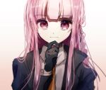  1girl bangs black_gloves black_jacket blunt_bangs braid closed_mouth collared_shirt commentary_request dangan_ronpa dangan_ronpa_1 eyebrows_visible_through_hair gloves hair_ribbon hand_on_own_chin hand_up jacket kirigiri_kyouko long_hair long_sleeves looking_at_viewer mdr_(mdrmdr1003) necktie open_clothes open_jacket pink_hair portrait purple_hair ribbon shirt side_braid simple_background single_braid smile solo violet_eyes white_background white_shirt 