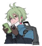  1boy adjusting_mask alternate_costume amami_rantarou antenna_hair backpack bag black_jacket blue_jacket brown_gloves cellphone commentary_request cropped_torso dangan_ronpa ear_piercing earrings gloves green_eyes green_hair hair_between_eyes hands_up holding holding_phone jacket jewelry long_sleeves male_focus mask mouth_mask nabu_(d4ng4nn6bu12) new_dangan_ronpa_v3 phone piercing shirt short_hair simple_background smartphone smile solo striped striped_shirt two-tone_jacket white_background 