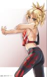  1girl blonde_hair braid breasts fate/grand_order fate_(series) french_braid green_eyes hair_ornament hair_scrunchie keisuke_desu~ looking_at_viewer medium_breasts midriff mordred_(fate) mordred_(fate)_(all) mordred_(swimsuit_rider)_(fate) no_bra outstretched_arm pants red_scrunchie scrunchie sideboob solo tight tight_pants 