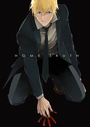  1boy amuro_tooru bangs black_background black_jacket black_neckwear black_pants black_suit blonde_hair blood bloody_handprints blue_eyes brown_footwear collared_shirt commentary_request cover cover_page doujin_cover english_text formal full_body hair_between_eyes highres jacket kneeling long_sleeves looking_at_viewer loose_necktie male_focus meitantei_conan mrc-k necktie open_clothes open_jacket pants serious shirt shoes short_hair simple_background solo suit white_shirt 