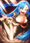  1girl :d absurdly_long_hair arms_behind_back barefoot blue_hair bound bound_arms breasts cluseller eyelashes green_eyes kneeling long_hair long_tongue looking_at_viewer navel open_mouth original scales shadow slit_pupils smile solo tongue very_long_hair 