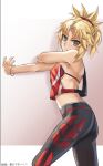  1girl bikini blonde_hair breasts fate/grand_order fate_(series) green_eyes hair_ornament hair_scrunchie keisuke_desu~ medium_breasts mordred_(fate) mordred_(fate)_(all) mordred_(swimsuit_rider)_(fate) outstretched_arm pants red_bikini red_scrunchie scrunchie sideboob solo swimsuit swimsuit_under_clothes tight tight_pants 