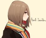  1girl bangs black_jacket brown_background brown_eyes brown_hair closed_mouth commentary_request eyebrows_behind_hair jacket kapatarou looking_at_viewer looking_to_the_side original profile scarf simple_background smile solo upper_body 