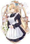  1girl apron bangs black_dress blue_bow border bow cake commentary_request cup dress eyebrows_visible_through_hair flower food green_eyes hair_between_eyes hair_bow hands_clasped highres long_hair long_sleeves maid maid_headdress muka_tsuku original own_hands_together pastry plate puffy_sleeves revision sidelocks simple_background smile solo steam teacup teapot twintails very_long_hair white_background white_flower 