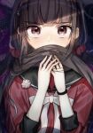  1girl bangs black_hair black_sailor_collar blunt_bangs blush brown_hair commentary_request covering_mouth dangan_ronpa hair_ornament hair_over_mouth hair_scrunchie harukawa_maki holding holding_hair long_hair long_sleeves looking_at_viewer low_twintails mdr_(mdrmdr1003) mole mole_under_eye new_dangan_ronpa_v3 red_eyes red_scrunchie red_shirt sailor_collar school_uniform scrunchie serafuku shirt skirt solo starry_background twintails upper_body 