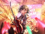 1girl bang_dream! black_hair blush decorations dress glowstick guilty_gear guitar holding_instrument looking_at_viewer mitake_ran official_art open_mouth orange_sky red_eyes short_hair solo stage_lights sunset