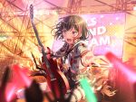 bang_dream! black_hair blush dress glowstick guilty_gear guitar mitake_ran official_art orange_sky red_eyes short_hair stage_lights