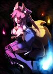  1girl animal_ear_fluff animal_ears bangs blue_kimono blue_legwear bow breasts fate/extra fate_(series) fox_ears fox_girl fox_tail hair_bow japanese_clothes kimono kurikara large_breasts long_hair looking_at_viewer pink_hair sidelocks smile tail tamamo_(fate)_(all) tamamo_no_mae_(fate) twintails yellow_eyes 