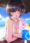  1girl bangs bare_shoulders beach black_hair blue_sky blurry blurry_background blurry_foreground blush bob_cut bracelet cocktail commentary_request cross cross_necklace crossed_arms depth_of_field dress earrings eyebrows_visible_through_hair idolmaster idolmaster_cinderella_girls jewelry koya_(koya_x_00) leaning_forward leaning_on_object looking_at_viewer necklace ocean parted_lips shirayuki_chiyo short_hair signature sky sleeveless sleeveless_dress solo sparkle violet_eyes white_dress 