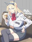  1girl alcohol ascot black_legwear blonde_hair blue_eyes breasts couch cowboy_shot crossed_legs dated flower glass headgear highres kantai_collection large_breasts long_sleeves military military_uniform nelson_(kantai_collection) pencil_skirt red_flower red_neckwear red_rose rose shingyou_(alexander-13) sitting skirt solo thigh-highs twitter_username uniform 