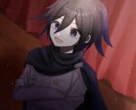  1boy :d bangs black_cape black_hair cape commentary_request crossed_arms dangan_ronpa dutch_angle hair_between_eyes jacket long_sleeves male_focus mdr_(mdrmdr1003) multicolored_hair new_dangan_ronpa_v3 open_mouth ouma_kokichi purple_hair short_hair smile solo straitjacket two-tone_hair upper_body violet_eyes white_jacket 