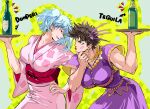  2boys alcohol arrow_(symbol) bangs battle_tendency blue_hair bottle breast_padding brown_hair buttons chin_stroking collarbone commentary crossdressinging crossover dress earrings english_commentary eye_contact floral_print gintama green_eyes hair_ornament holding holding_tray japanese_clothes jewelry jojo_no_kimyou_na_bouken joseph_joestar_(tequila) joseph_joestar_(young) kimono leaning_forward lipstick liquor looking_at_another makeup male_focus mixed-language_commentary multiple_boys muscle notice_lines obi pink_kimono print_kimono purple_dress red_eyes red_lipstick red_sash sakata_gintoki sash seiyuu_connection short_hair short_sleeves signature star_(symbol) sugita_tomokazu sweatdrop tequila tray twintails wide_sleeves zzyzzyy 