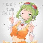  1girl brooch commentary dated detached_collar goggles goggles_on_head green_eyes green_hair green_nails grey_background gumi headphones highres index_fingers_raised jacket jewelry looking_at_viewer one_eye_closed orange_jacket raputsue red-tinted_eyewear short_hair smile upper_body vocaloid wrist_cuffs 