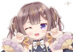  1girl anya_melfissa ayumi_aika blush hair_between_eyes hair_ornament highres hololive hololive_indonesia long_hair looking_at_viewer one_eye_closed open_mouth pointing pointing_at_self portrait ribbon simple_background solo violet_eyes virtual_youtuber white_background 