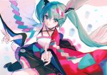  1girl aqua_eyes aqua_hair bangs black_legwear black_skirt blunt_bangs blurry blurry_background chinese_commentary choker criss-cross_halter double_v frilled_skirt frills hair_ornament hairclip halterneck hatsune_miku headphones highres japanese_clothes kimono lantern long_hair magical_mirai_(vocaloid) mismatched_sleeves open_mouth pink_sleeves rumoon_cocoa single_thighhigh skirt smile solo thigh-highs twintails v very_long_hair vocaloid white_background white_sleeves wide_sleeves yukata 