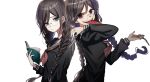  2girls back-to-back bangs black_shirt book braid brown_hair dangan_ronpa dangan_ronpa_1 dual_persona frown fukawa_touko genocider_shou glasses hand_up highres holding holding_book holding_scissors long_hair long_sleeves long_tongue looking_at_viewer mdr_(mdrmdr1003) mole mole_under_mouth multiple_girls neckerchief red_eyes rimless_eyewear round_eyewear sailor_collar school_uniform scissors serafuku shiny shiny_hair shirt simple_background symbol_commentary tongue tongue_out twin_braids upper_body upper_teeth white_background 