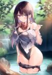  1girl absurdres bare_shoulders blurry blurry_background blush bow breasts brown_hair closed_mouth day earrings eyebrows_visible_through_hair highres jewelry long_hair looking_at_viewer medium_breasts necomi one-piece_swimsuit original partially_submerged scan see-through shirt simple_background skirt solo swimsuit thighs violet_eyes water water_drop wet wet_clothes white_shirt 