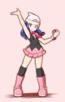  1girl arm_up armpits beanie black_legwear blue_eyes blue_hair boots closed_mouth commentary_request hikari_(pokemon) eyelashes full_body hair_ornament hairclip hand_up hat highres holding holding_poke_ball knees looking_at_viewer miyama-san outline over-kneehighs pink_footwear pink_scarf poke_ball poke_ball_(basic) pokemon pokemon_(anime) pokemon_dppt_(anime) scarf shiny shiny_skin smile solo standing thigh-highs white_headwear 